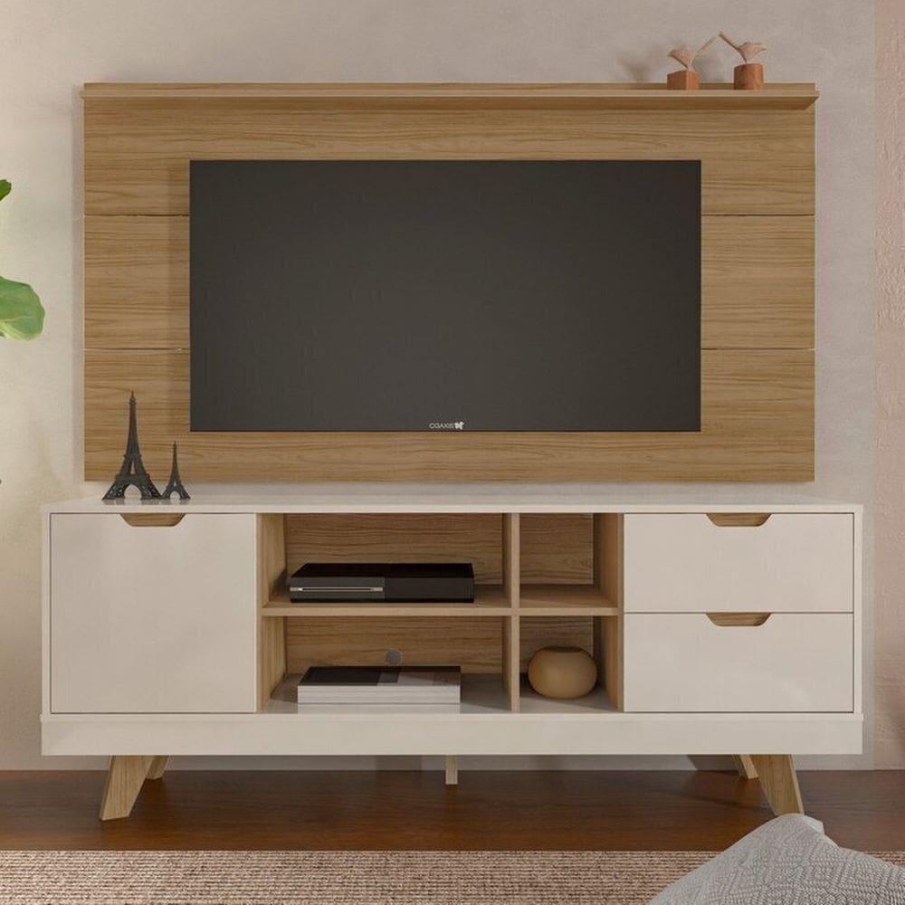 Conjunto 2 Peças Painel Slim e Rack 1 Porta com Dobradiças de Metal Michigan Carvalho/Off White