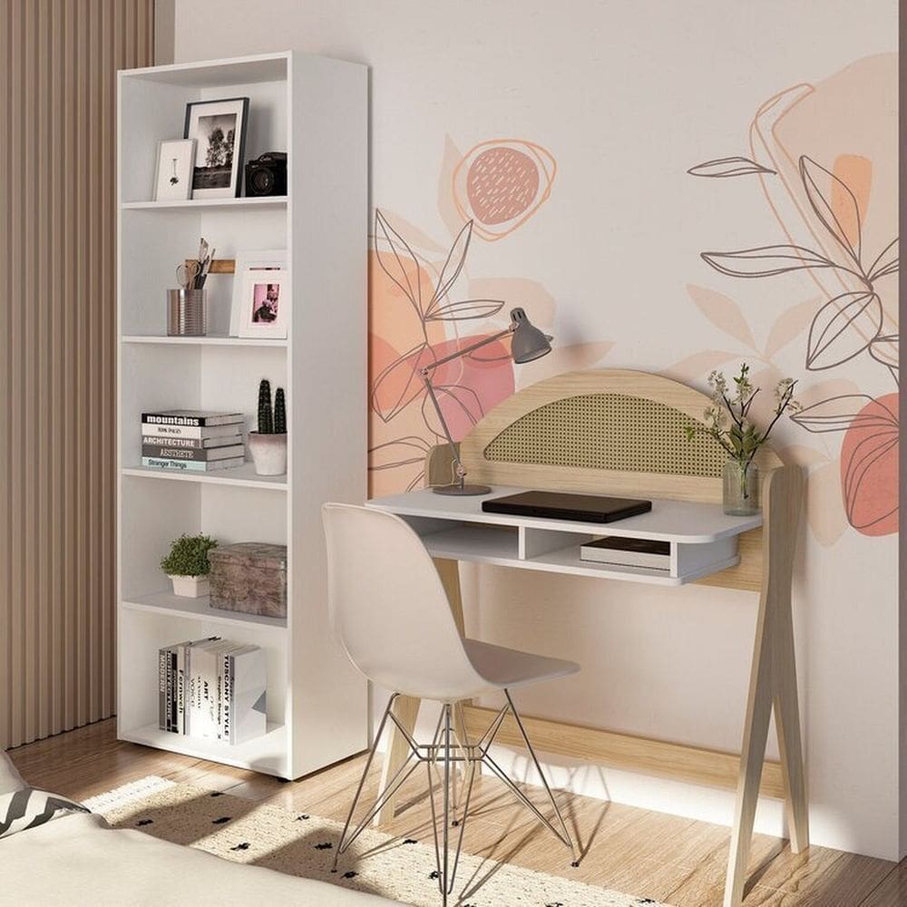 Conjunto 2 Peças Estante Multy e Escrivaninha Ceci Desing Único Encantador Naturale/Branco