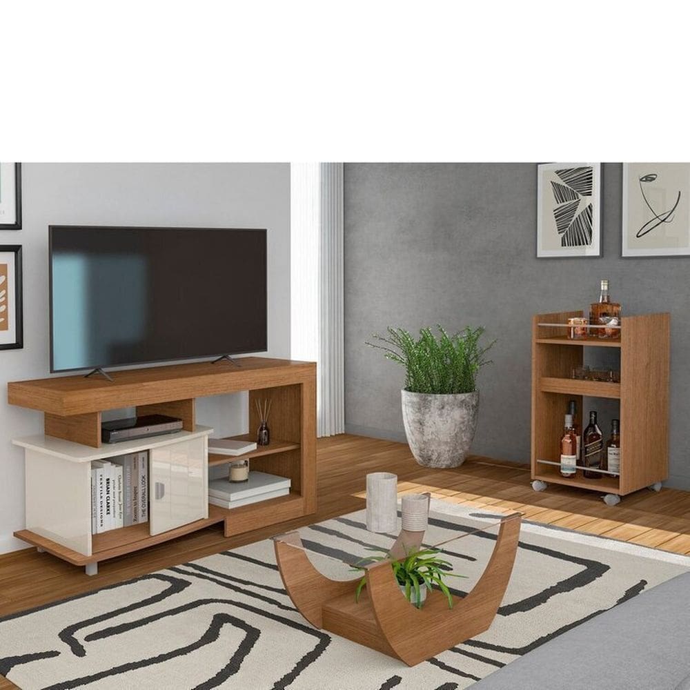 Conjunto 3 Peças Carrinho Bar e Mesa de Centro e Rack Royal Cinamomo/Off White