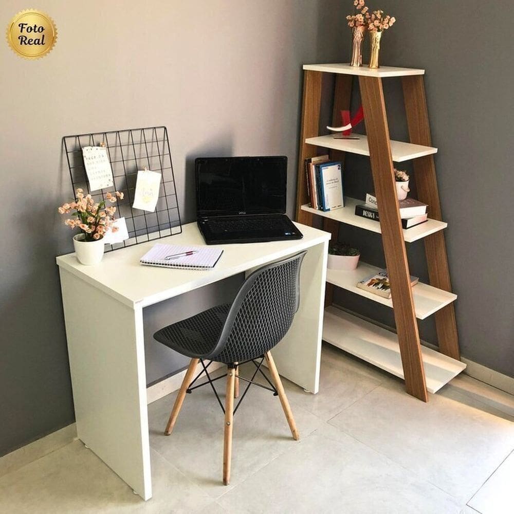 Conjunto Escrivaninha Mesa Escritório Pequena 90,8cm com Estante Escada Multiuso com 5 Prateleiras Freijó / Branco