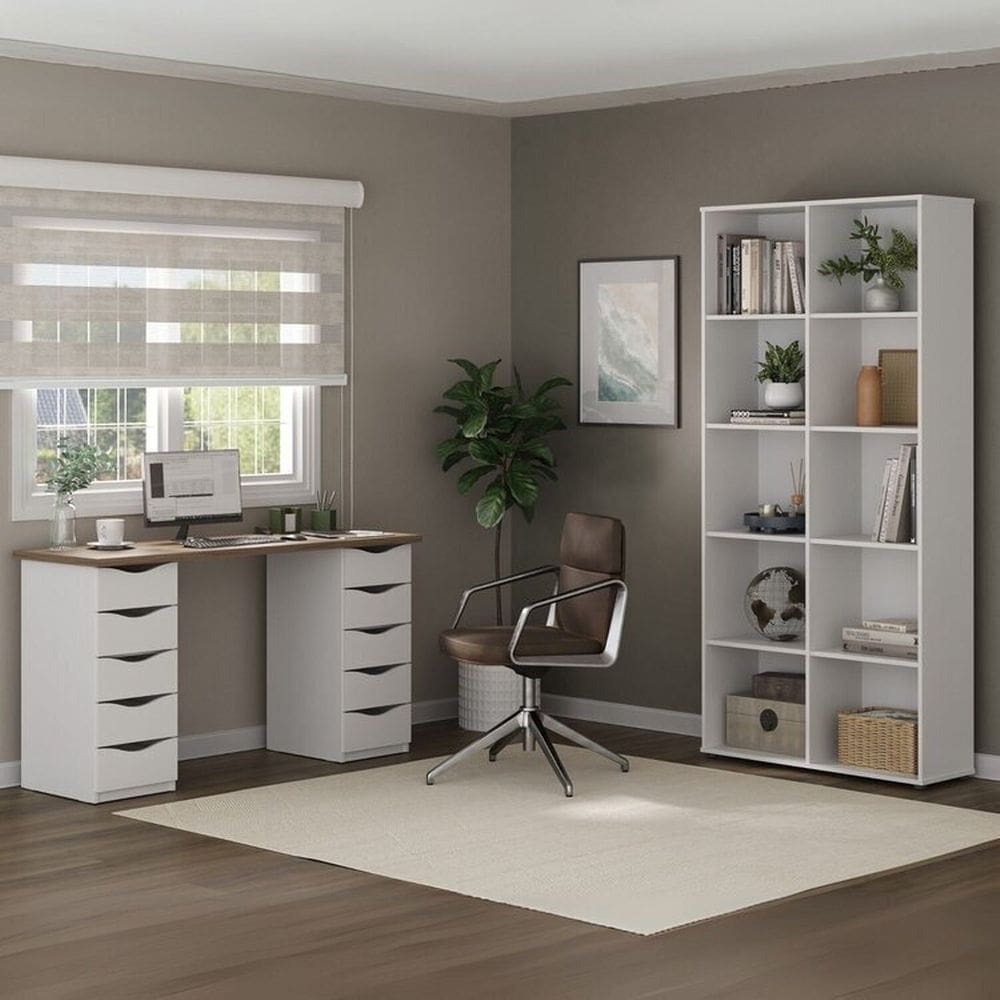 Escrivaninha Mesa Escritório 10 Gavetas com Estante 4 Nichos Nogal /Branco