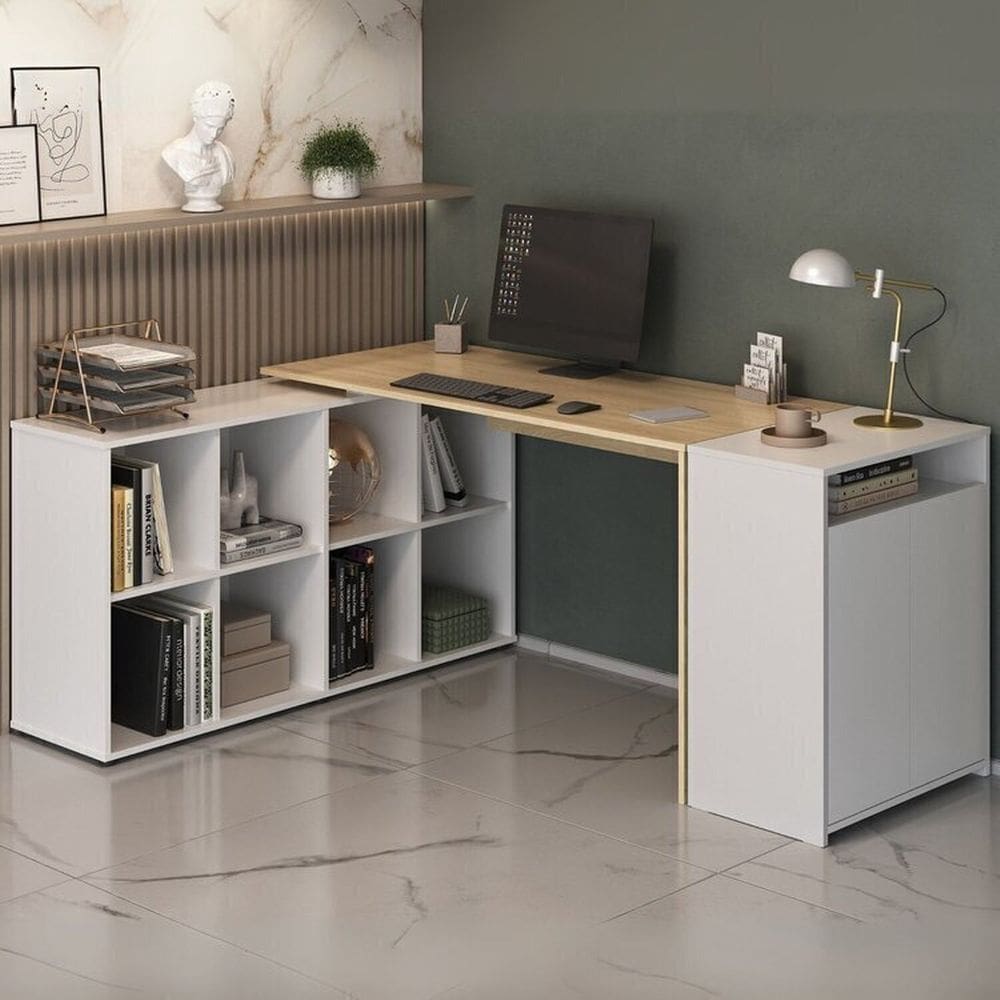 Conjunto Escrivaninha Nero com 8 Nichos e Balcão Cool 2 Portas Carvalho / Branco