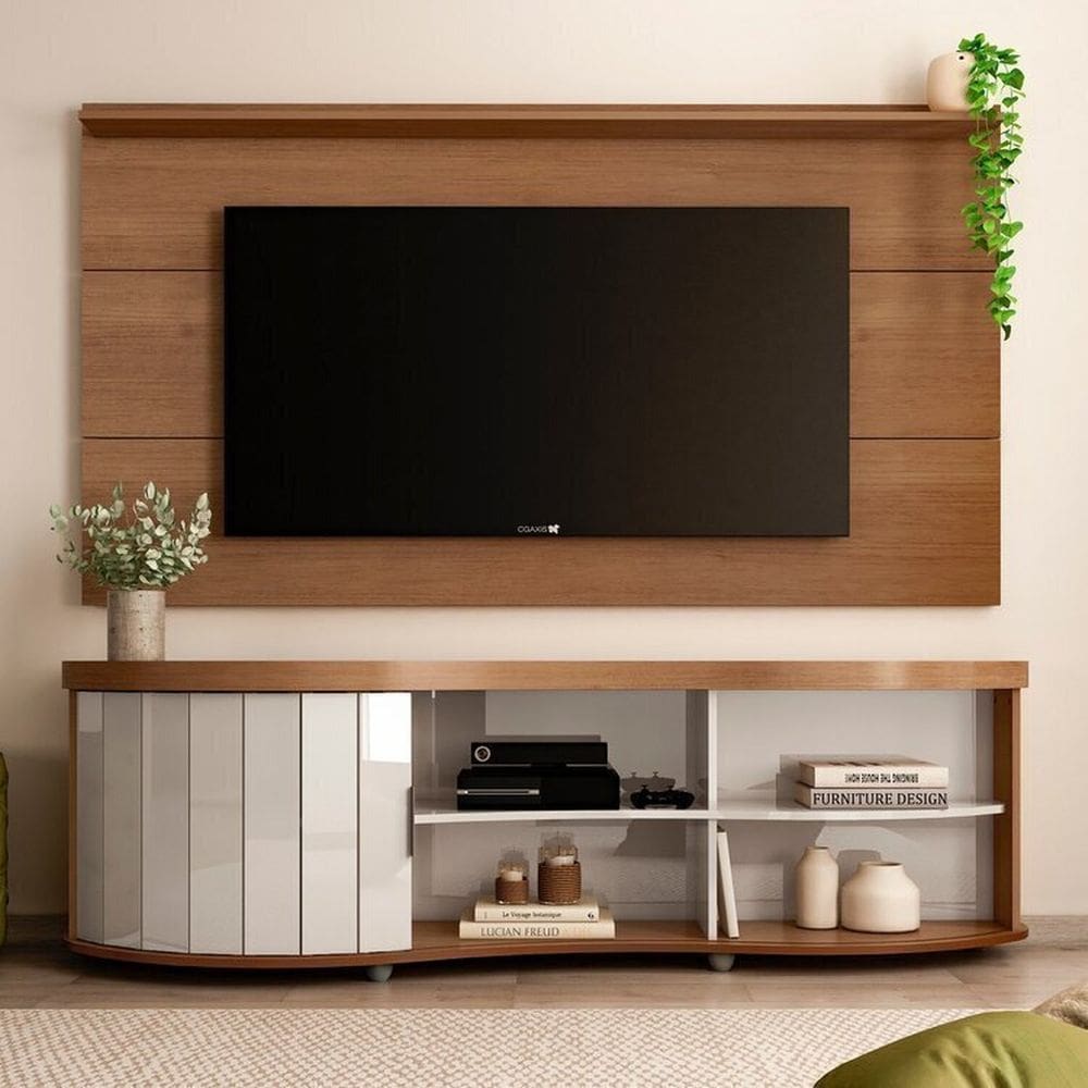 Conjunto de 2 Peças Painel Slim e Rack Suporta com Segurança Tvs 75 Polegadas Magnum Cinamomo/Off White