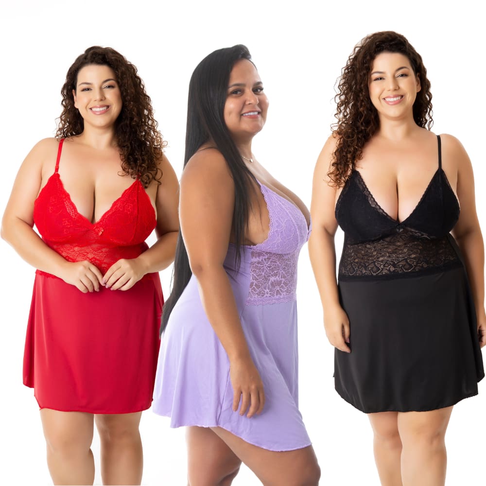 Kit 3 Camisola Sensual Plus Size Sem Bojo De Microfibra e Renda Lingerie Linha Noite