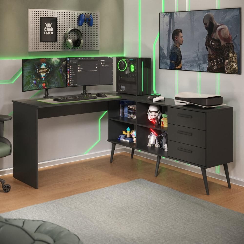 Escrivaninha Gamer em L para Computador 3 Gavetas Nexus Multimóveis MP4781