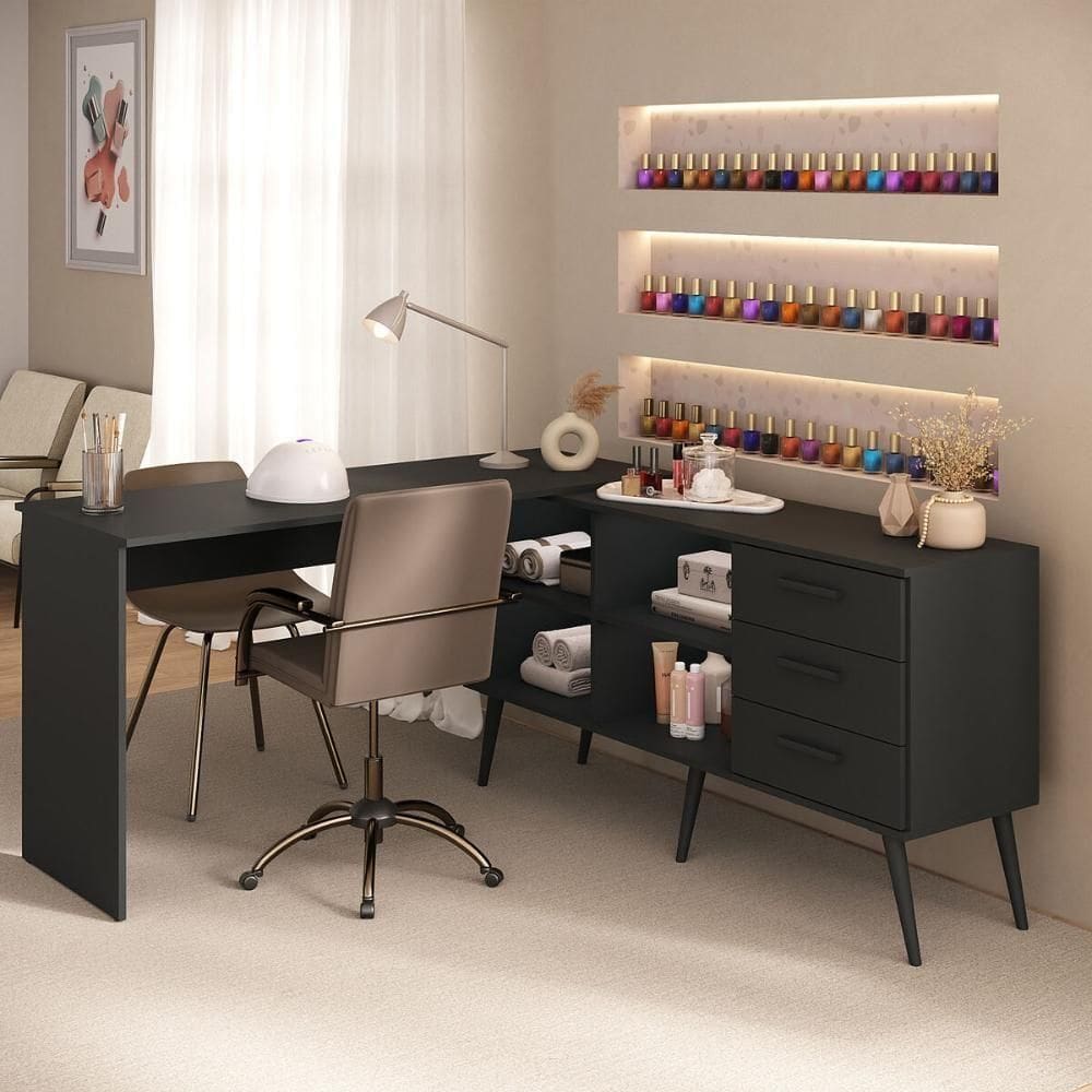 Mesa De Manicure Profissional Em L Com 3 Gavetas Jady Multimóveis Mp6041 Preto