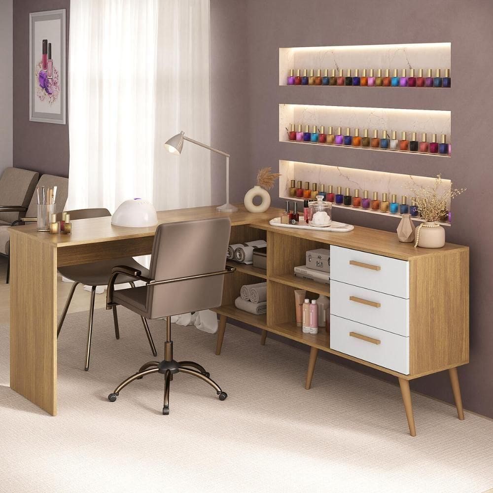 Mesa De Manicure Profissional Em L Com 3 Gavetas Jady Multimóveis Mp6041 Madeirado/branco
