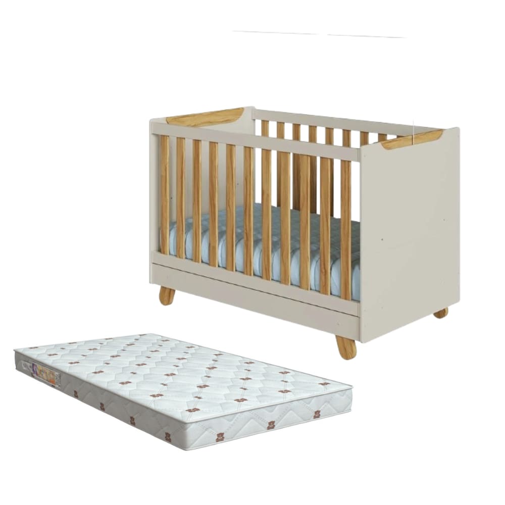 Kit Berço Pingo Off White/Amêndoa Colchão Orthoflex Infantil