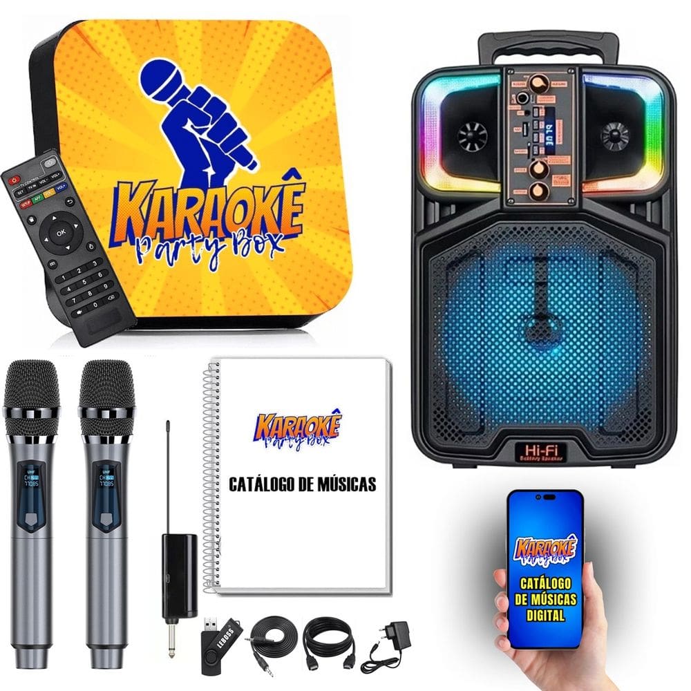 Karaoke Party Box Profissional +2 Mic Sem Fio +Caixa De Som +2000 Músicas +CatálogoImpresso