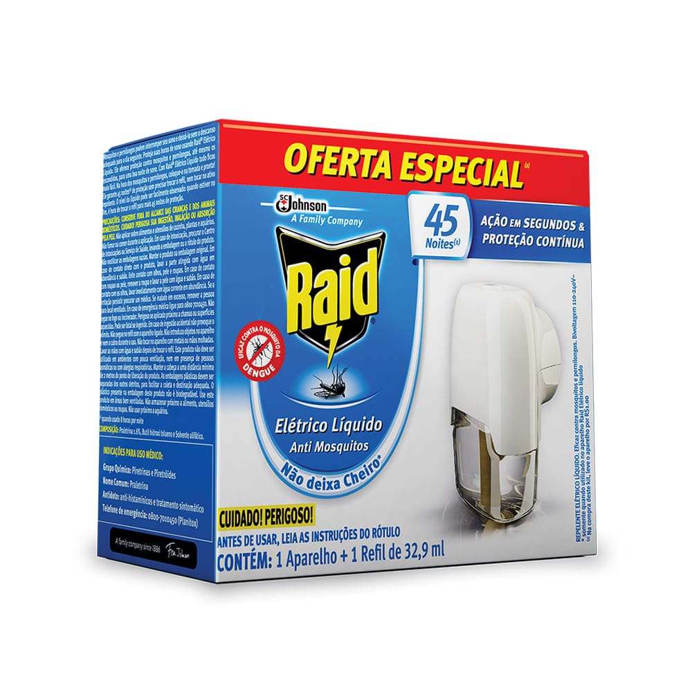 Repelente Elétrico Raid Líquido com Refil 45 Noites 1 Unidade
