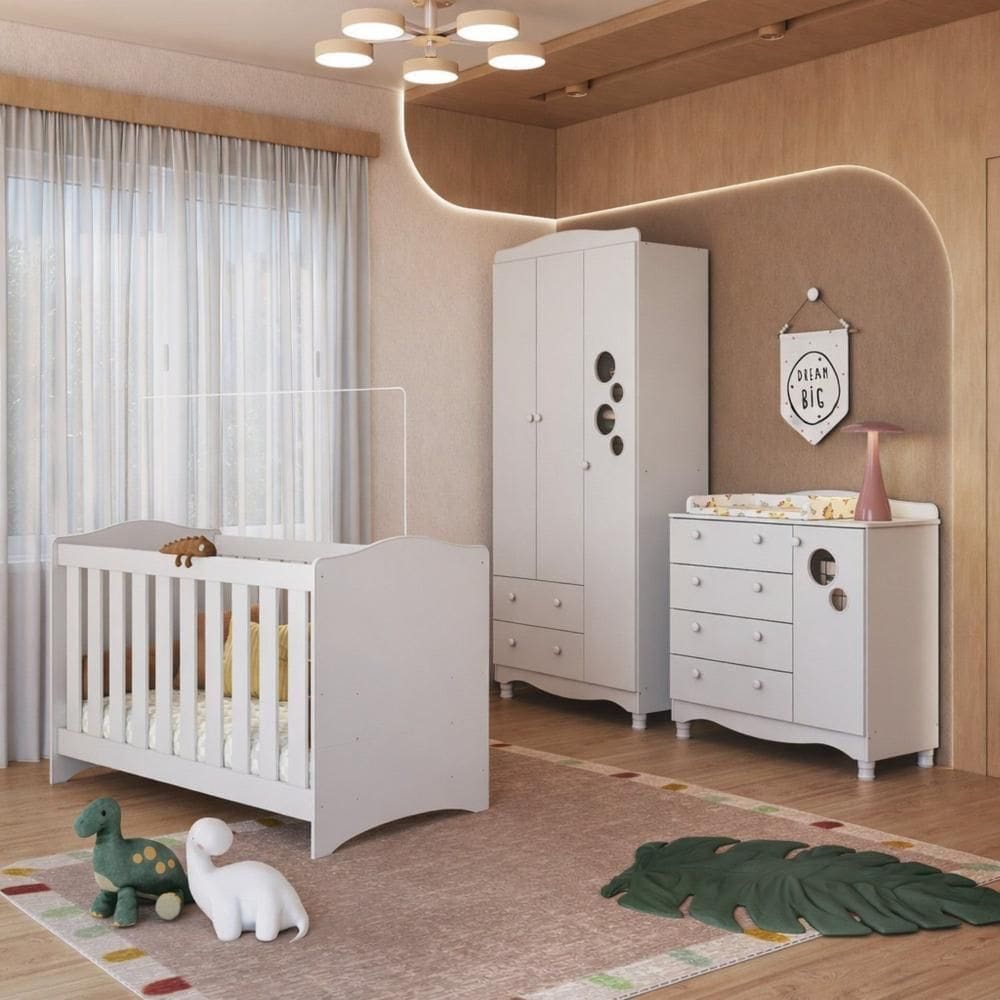 Conjunto Berço Cômoda e Guarda-roupa de Bebê Encanto Branco