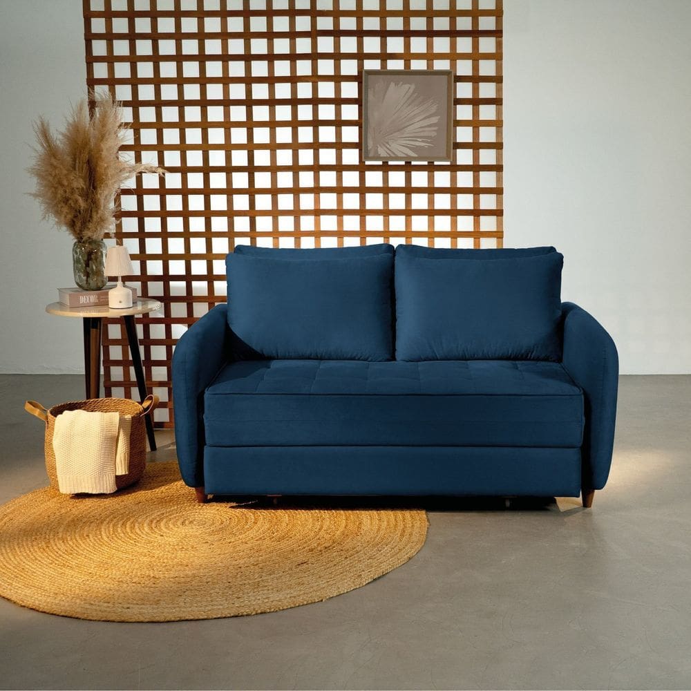 Sofá Cama Casal 150cm Mode Cabecasa Madeiraoriginals Veludo Azul