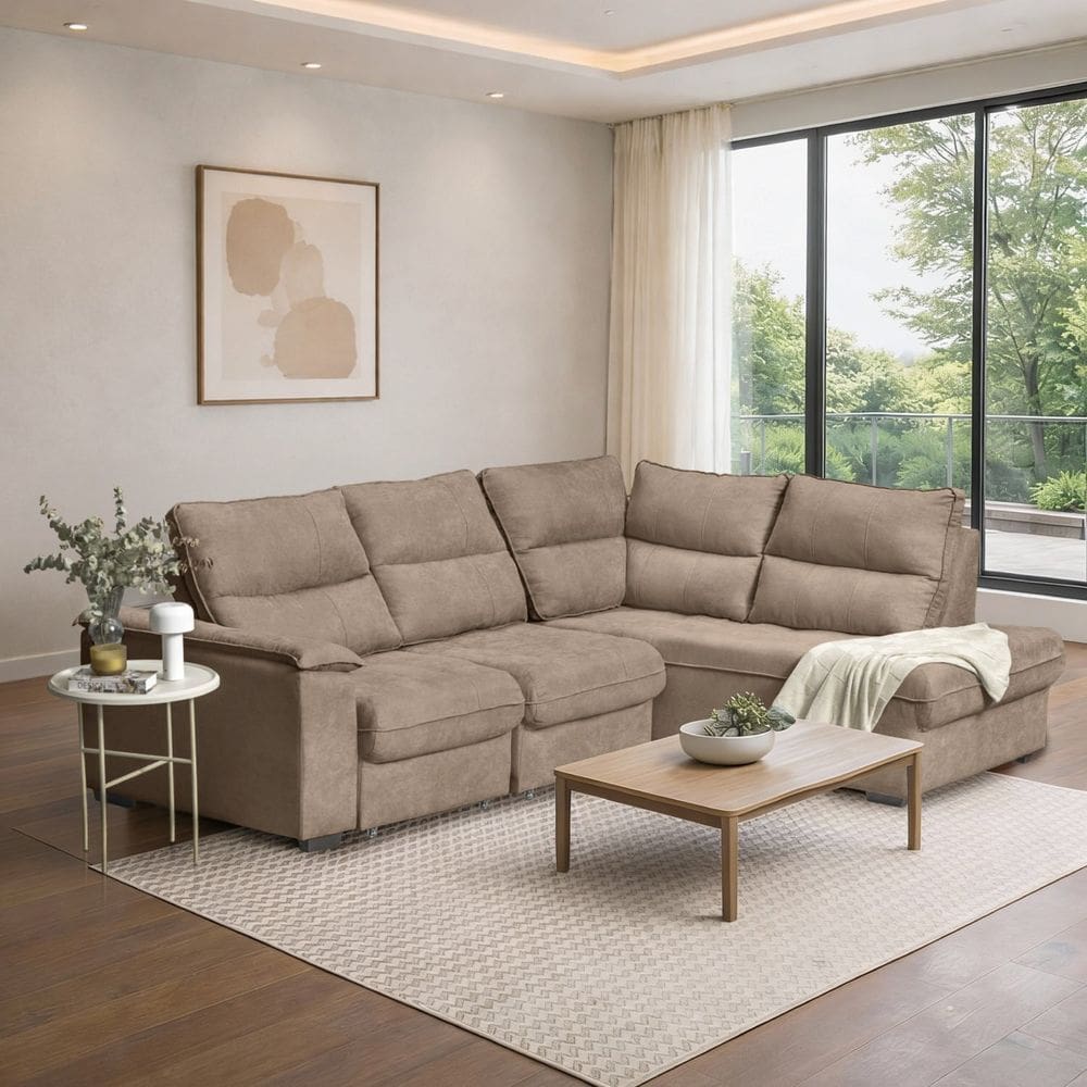 Sofá de Canto Retrátil Chaise Lado Esquerdo 4 Lugares Nest Cabecasa Madeiraoriginals Bege