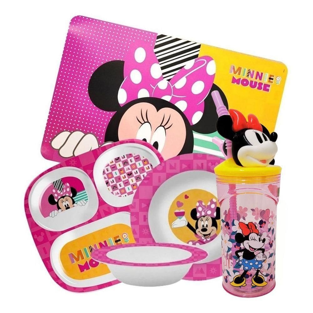 Kit Refeição Infantil Minnie 5 Peças Pratos, Tigela, Copo 3d E Lugar Americano
