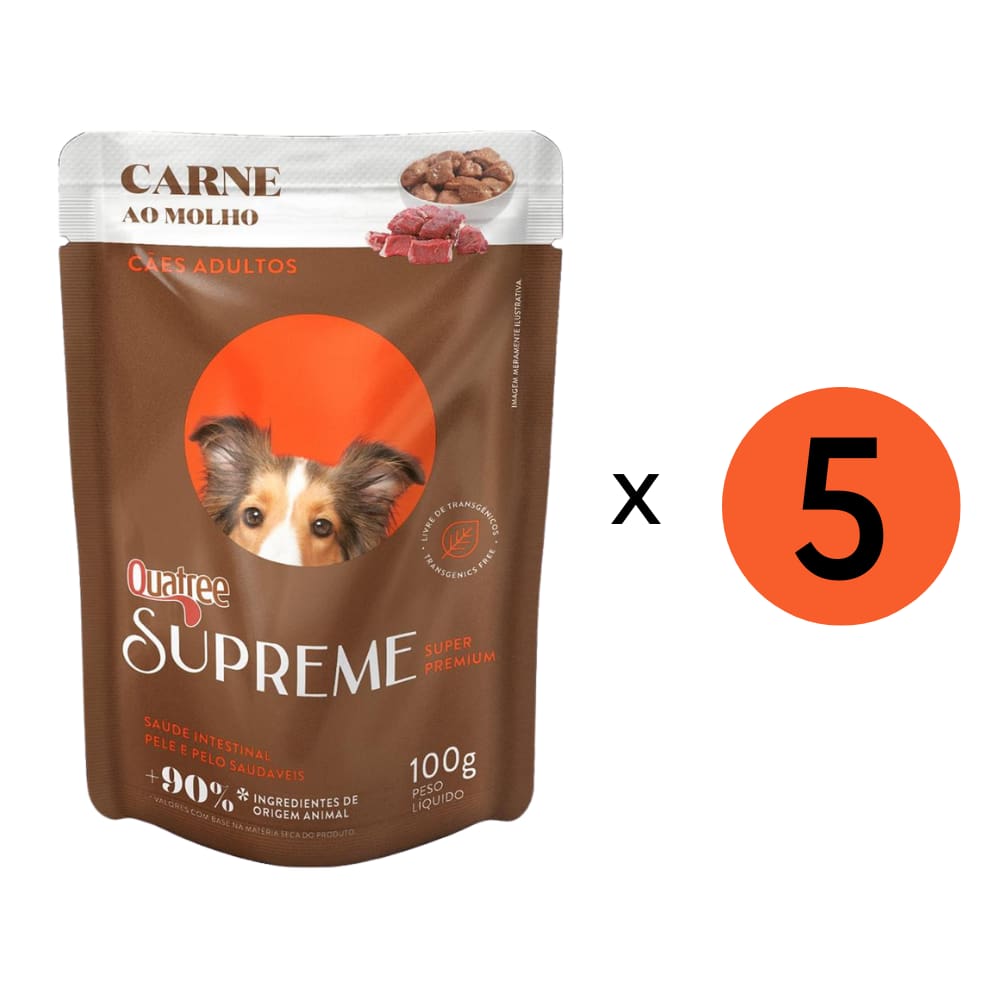 Kit 5 Unidades Ração Úmida Quatree Cães Supreme Adulto Carne Sachê 100Gr