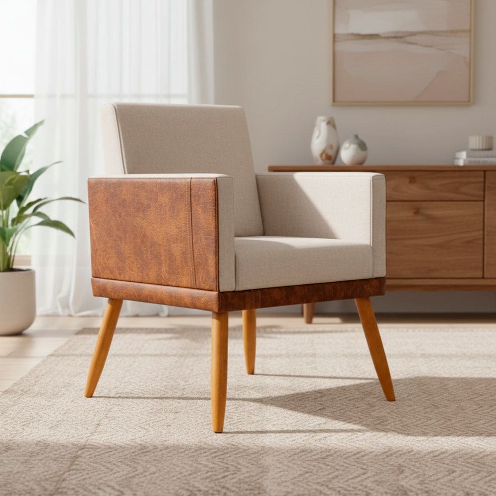 Poltrona Decorativa Lis Para Sala Quarto Recepção Linho Corino Assento Confortável Pé Palito Castanho