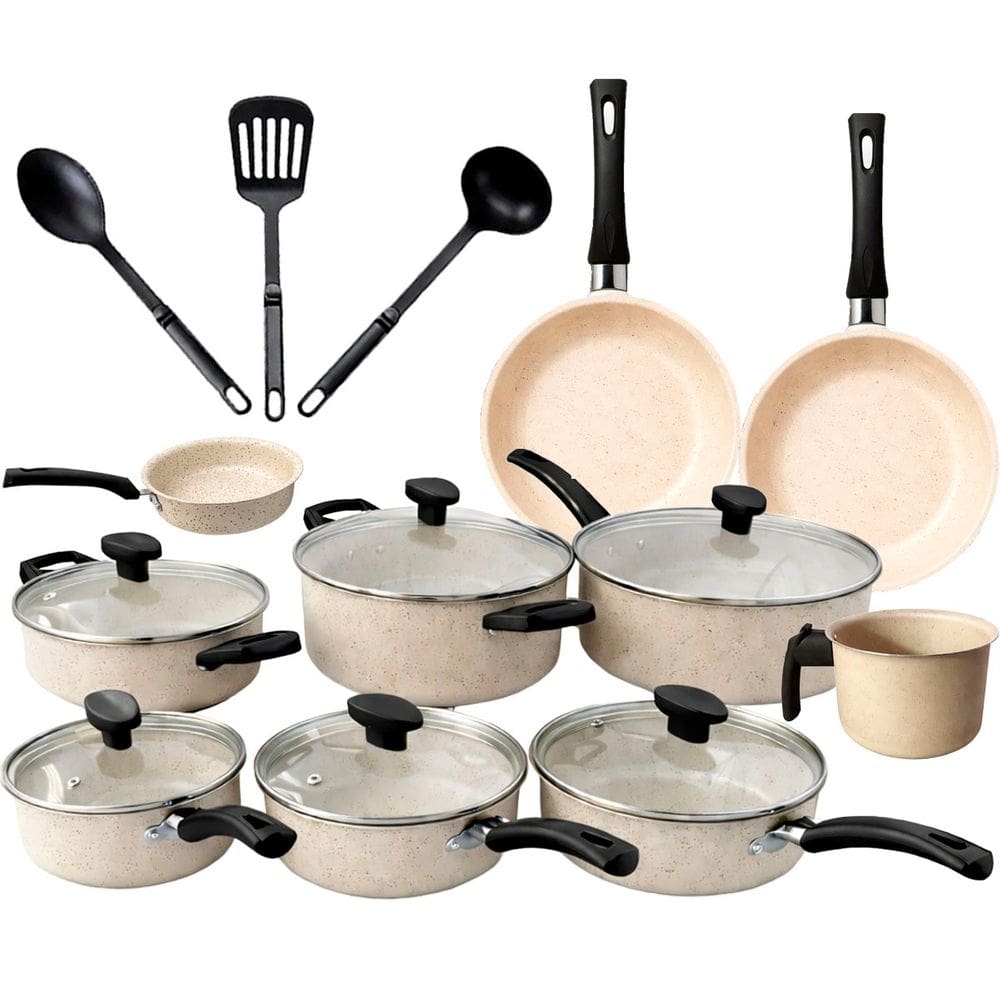 Jogo De Panelas 13 Peças Antiaderente Tampa Vidro Frigideira Marfim