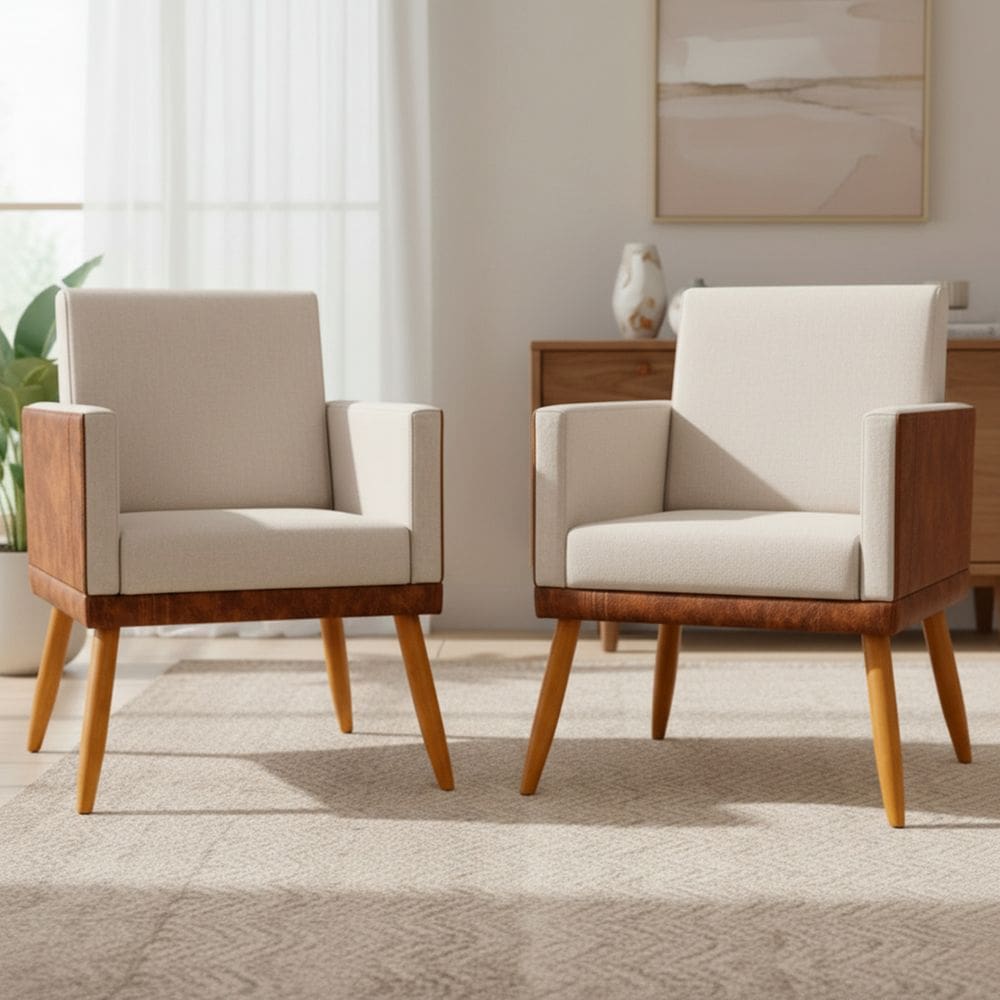 Kit 2 Poltronas Decorativas Lis Para Sala Quarto Recepção Linho Corino Assento Confortável Pé Palito Castanho