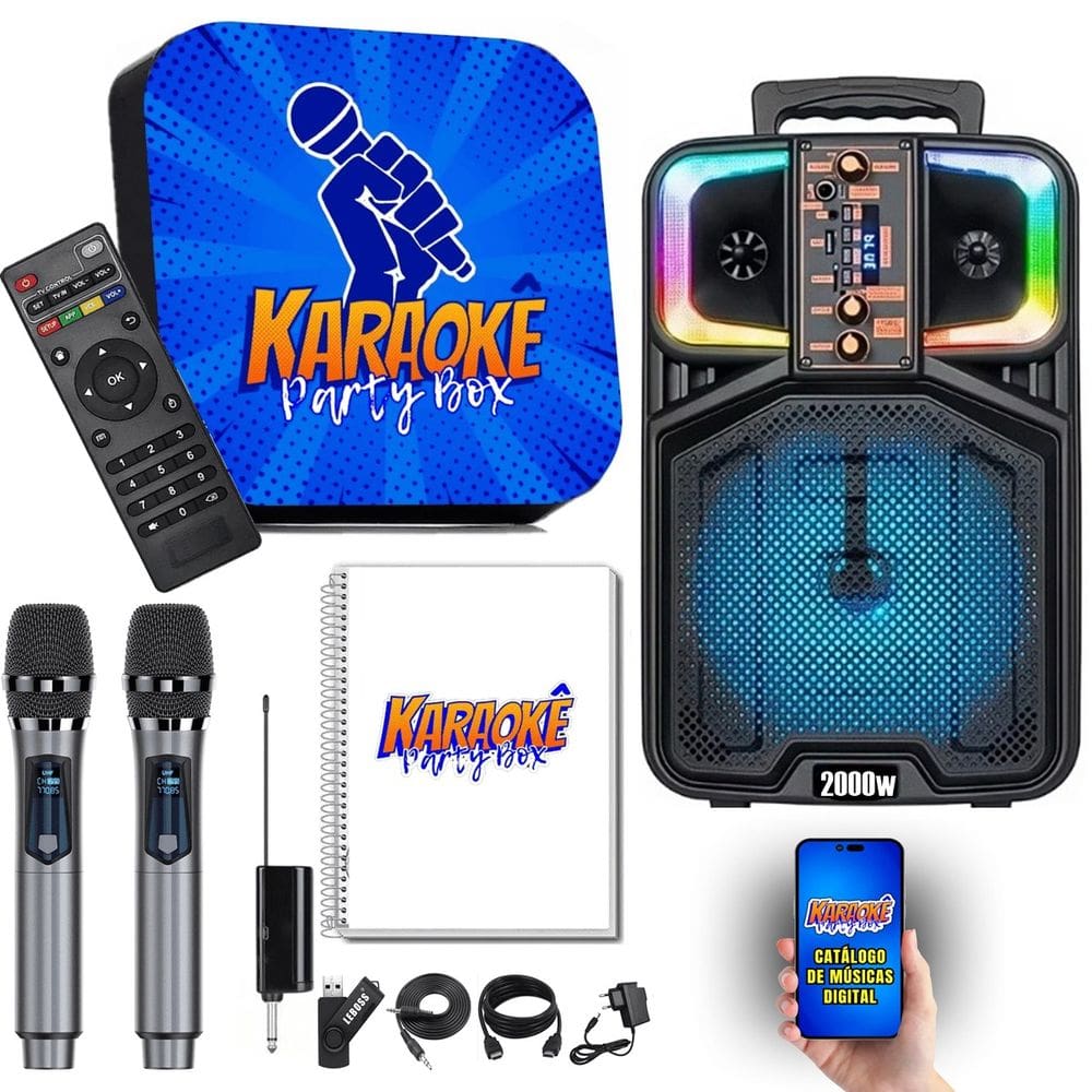 Karaoke Party Box Profissional +2 Mic Sem Fio +Caixa De Som +2000 Músicas com pontuação +CatálogoImpresso
