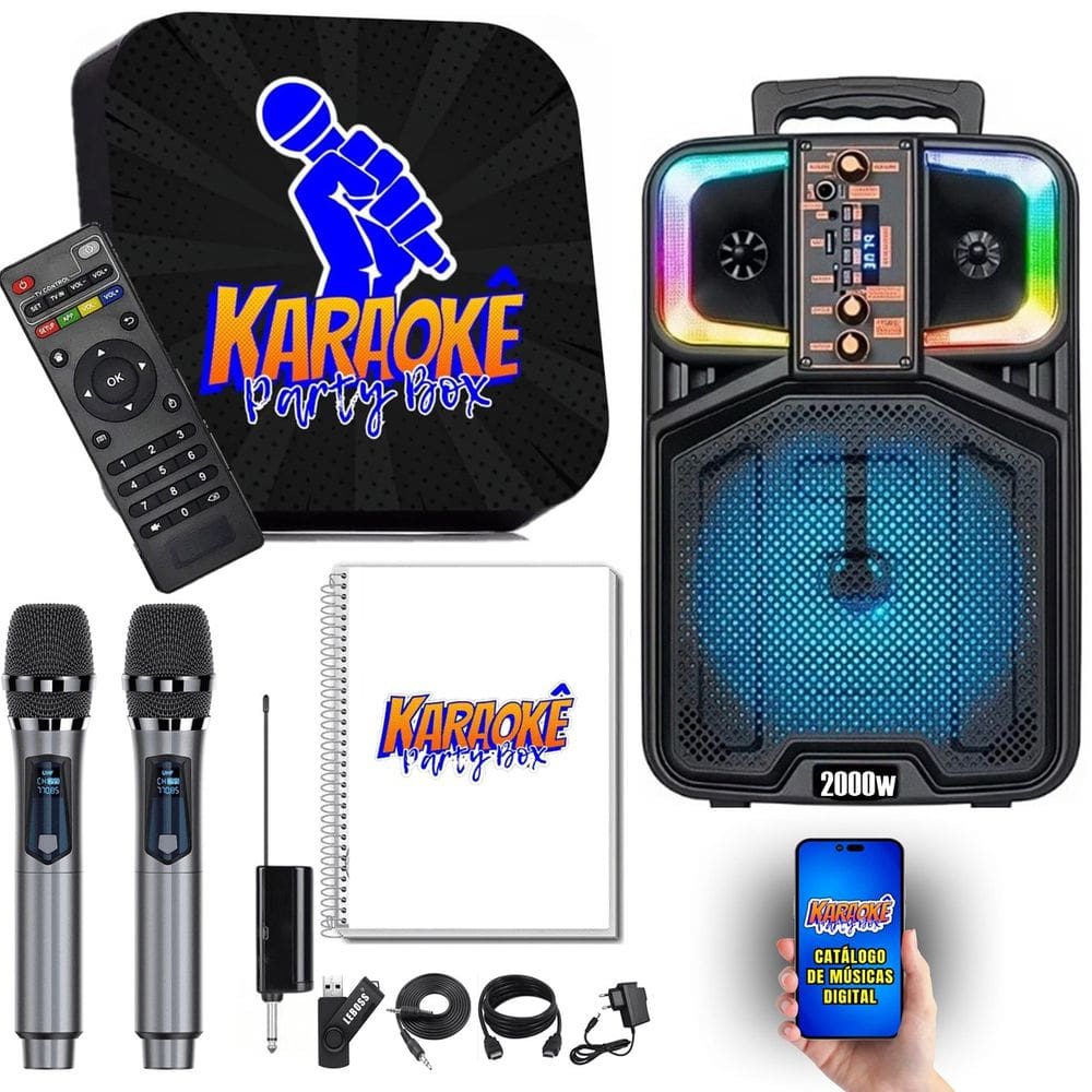 Karaoke Party Box Profissional +2 Mic Sem Fio +Caixa De Som +2000 Músicas +CatálogoImpresso