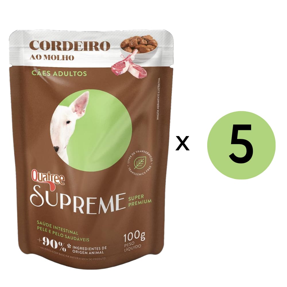 Kit 5 Unidades Ração Úmida Quatree P/ Cães Supreme Ad. Cordeiro Sachê 100gr
