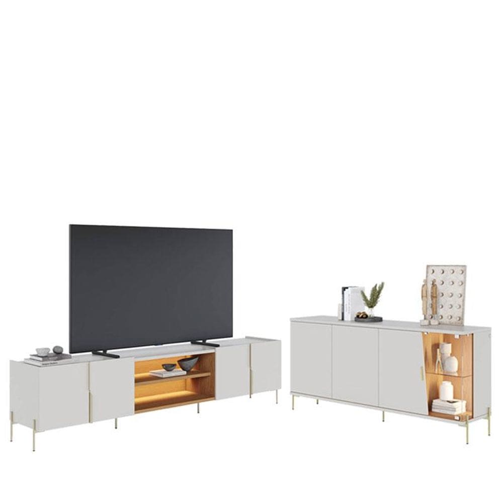 Painel  para Tv Home Suspenso Maggiore 2.3 com Aparador Buffet Sena com Led Off White Matte Freijó - Colibri