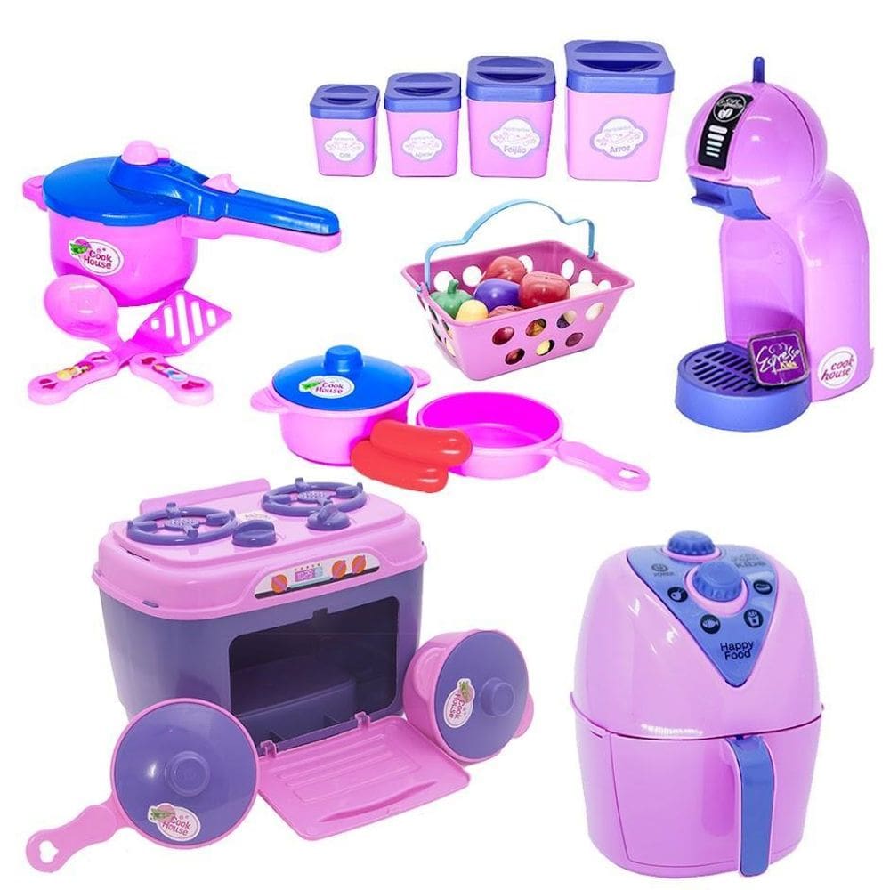 Kit Brinquedo Cozinha Menina Rosa Fogão Mercado Café 29Pç