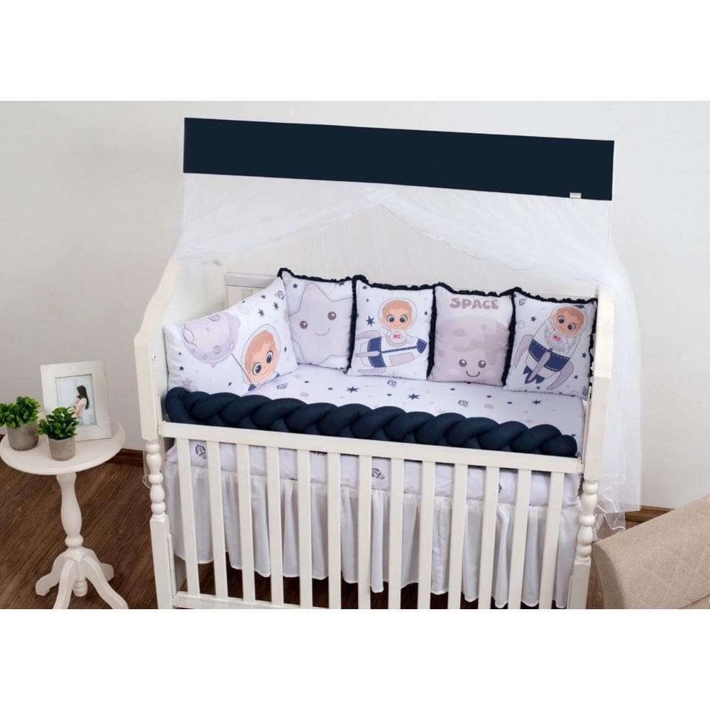 Kit Berço 9P Completo E Cheio Azul Marinho Trançado Estelar