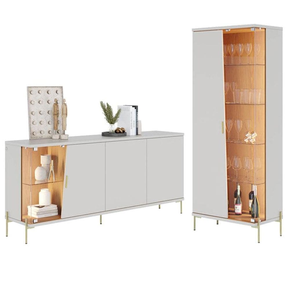 Cristaleira e Aparador Buffet Sena com Led Sena  Off White Matte Freijó - Colibri
