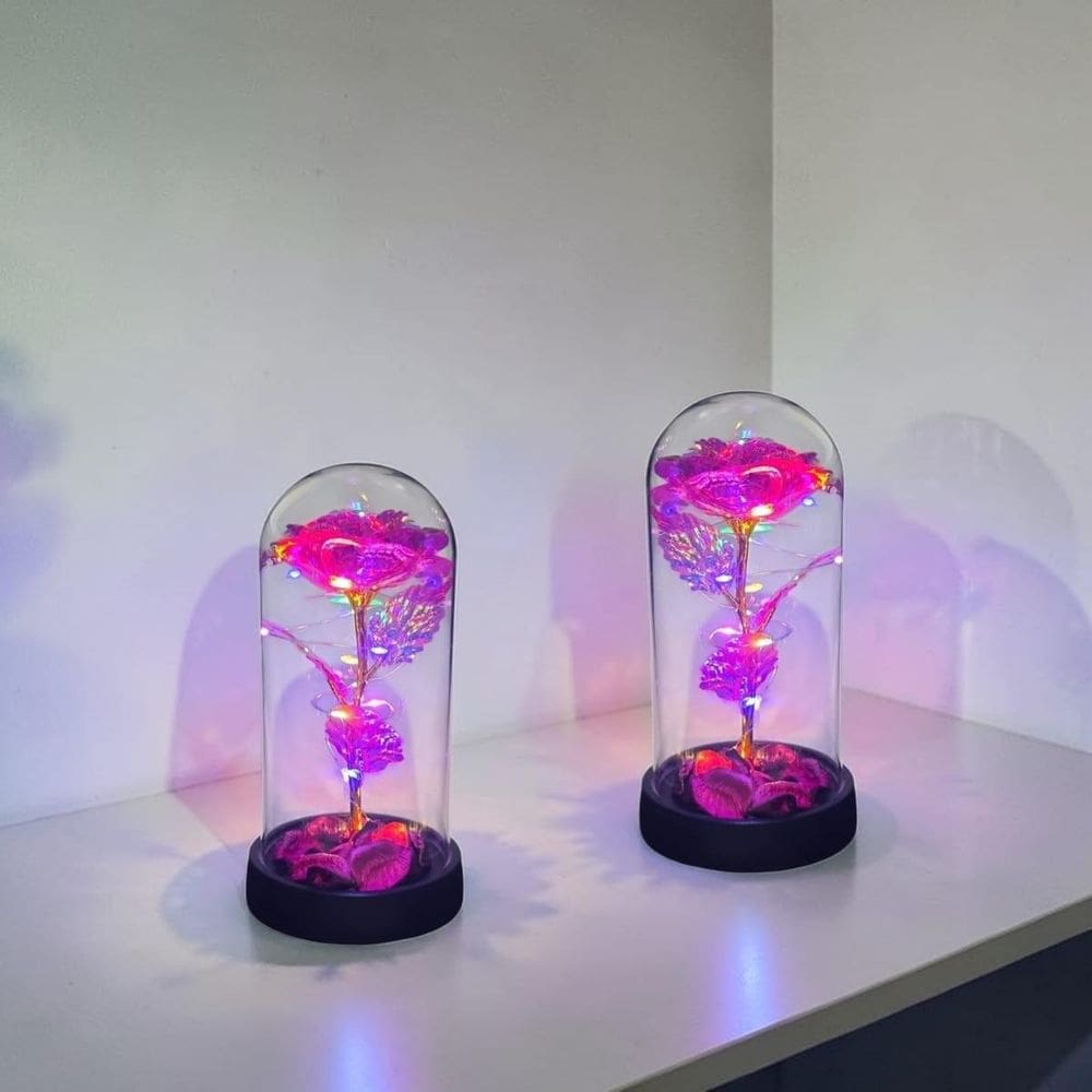 Kit 2 Rosa Metalizada Pétalas Na Cúpula Led Luminária Redoma