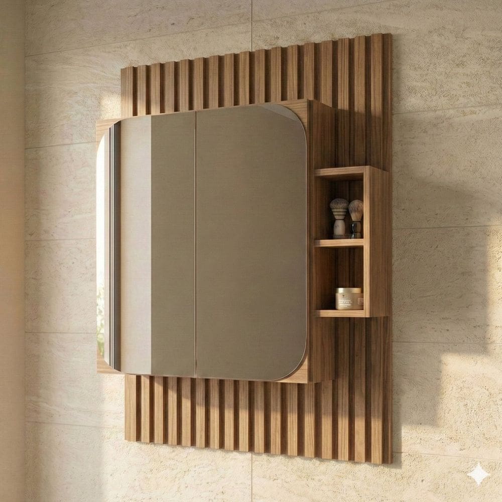 Espelheira para Banheiro Ripada com Nichos 80cm Noce
