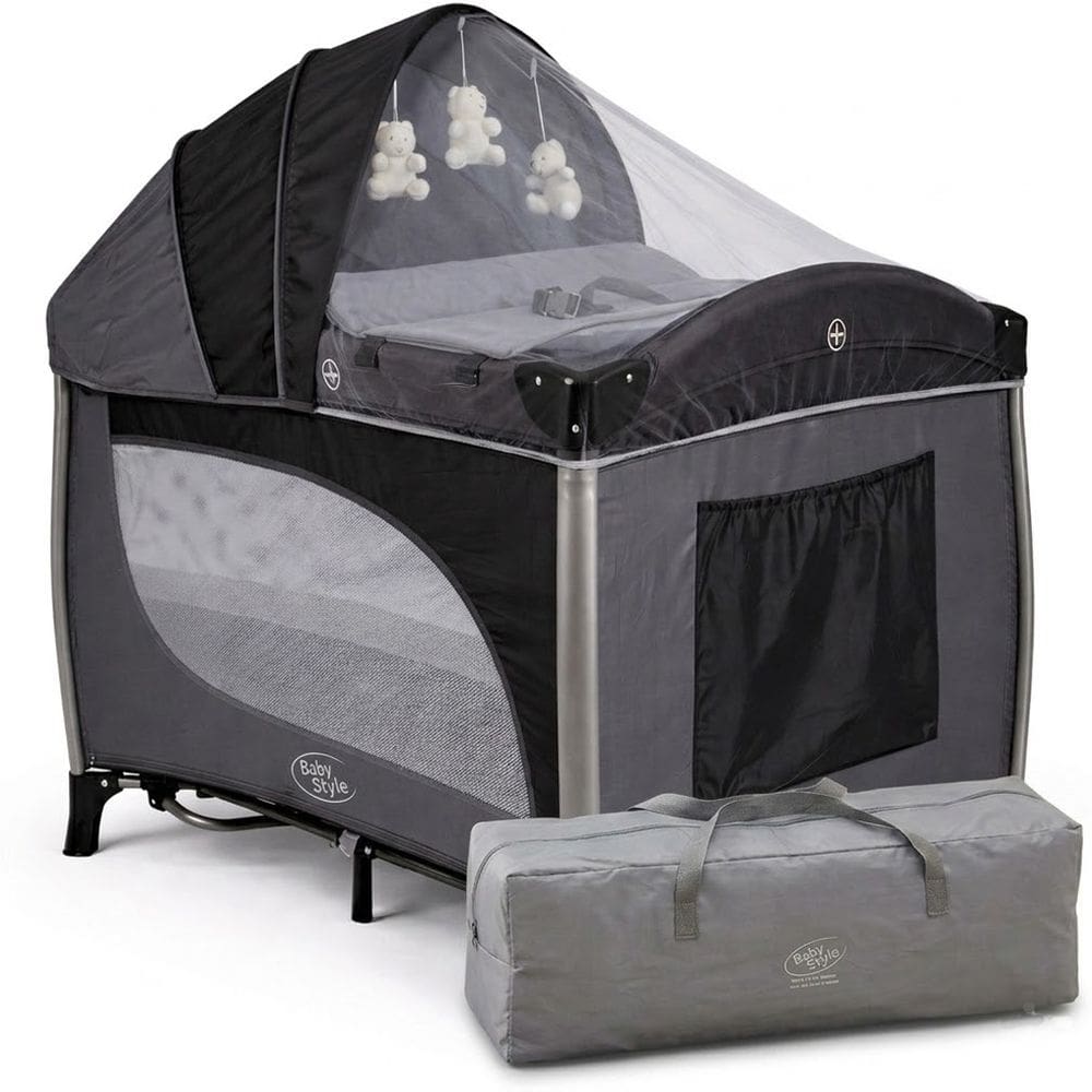 Berço de Bebê Portátil Função Balanço com Capota Mosquiteiro e Caixa Musical Vibratório Dobrável Cinza