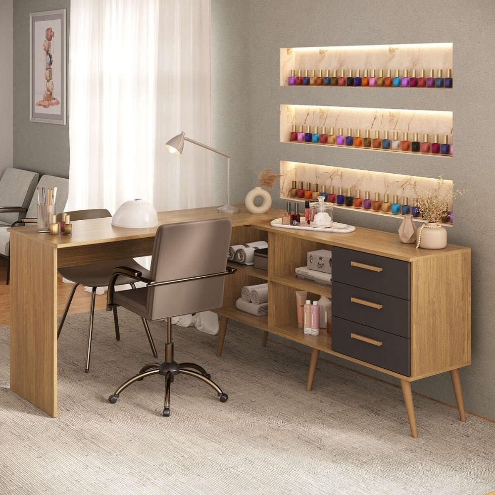 Mesa de Manicure Profissional em L com 3 Gavetas Jady Multimóveis MP6041