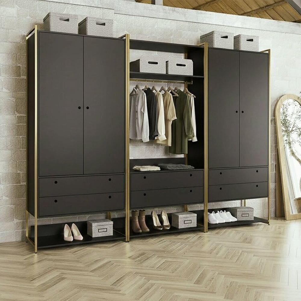 Guarda-roupa Closet Modulado Casal 6 Gavetas 3 Cabideiros Estrutura Metalica 250cm Preto