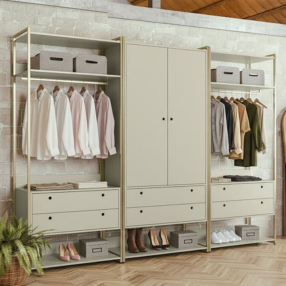 Guarda-roupa Closet Modulado Casal 6 Gavet 3 Cabideiros Estrutura Metalica 250cm Off White