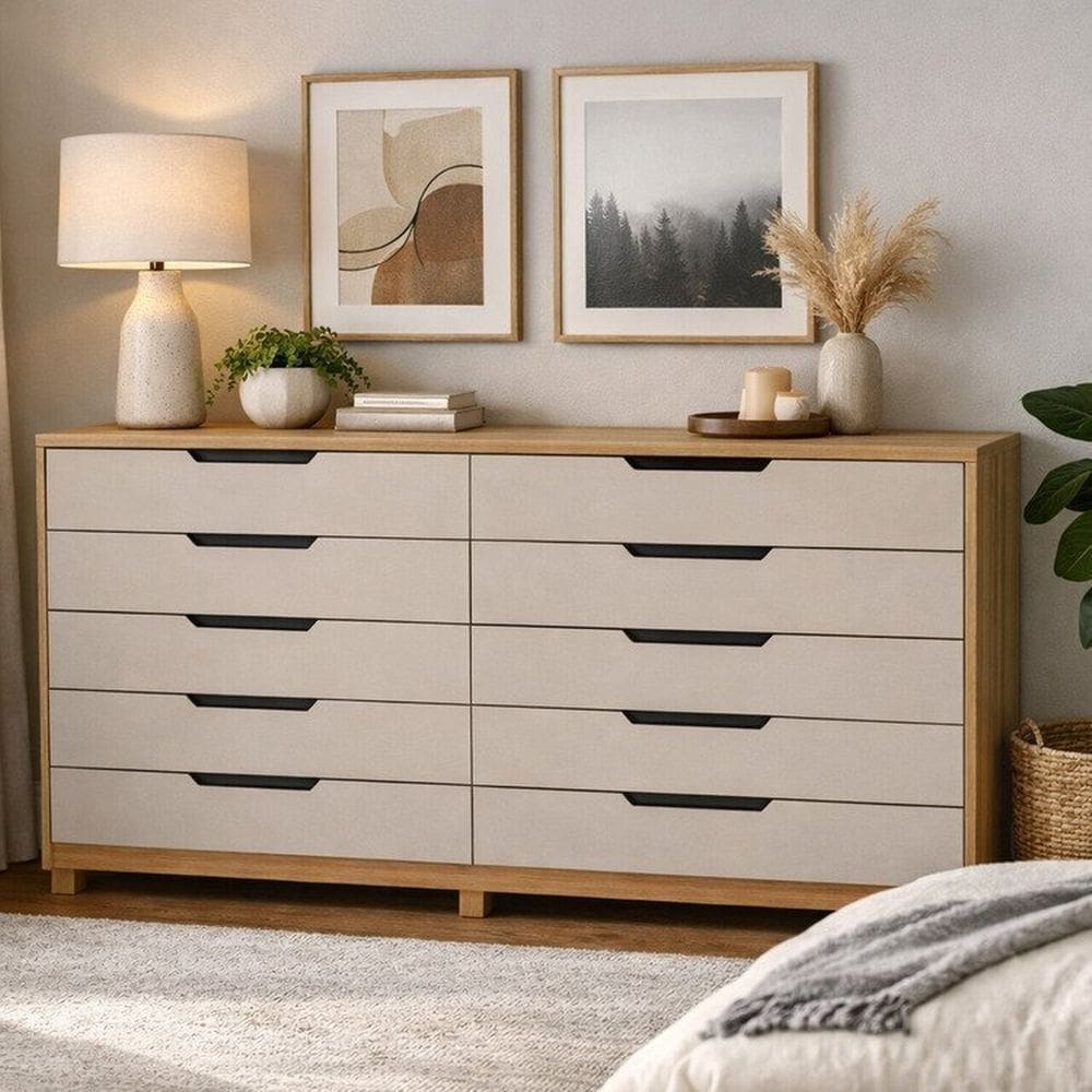 Kit 2 Cômodas 5 Gavetas 100% Mdf Barcelona Carvalho/Off White