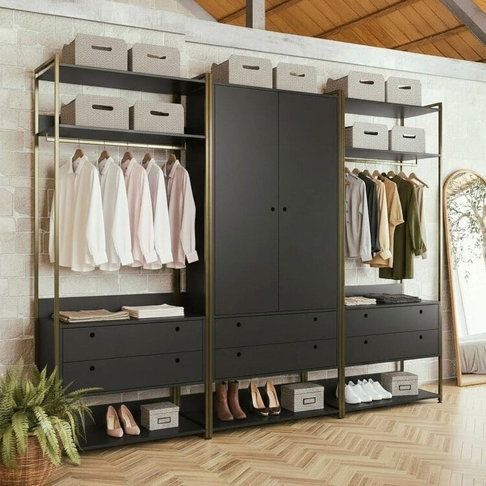 Guarda-roupa Closet Modulado Casal 6 Gavetas 3 Cabideiros Estrutura Metalica 250cm Preto