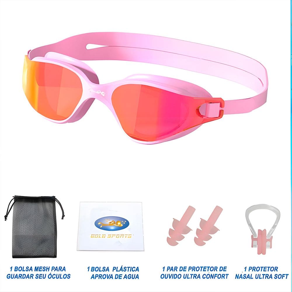 Kit Óculos De Natação Gold Sports Lince Demi Mirror HD-Mesh Bag -Clip Nasal e Protetor deOuvido