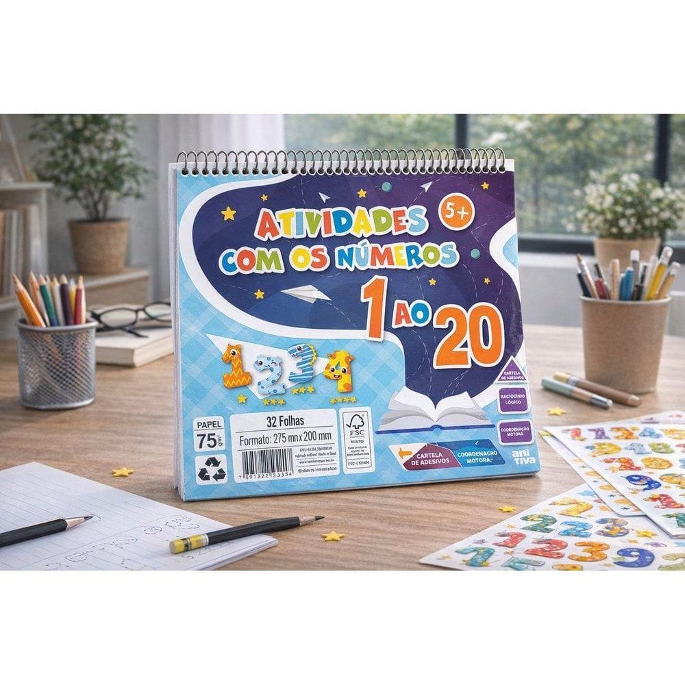 Caderno De Atividades Números 1 Ao 20 Com Adesivos 32 Folhas