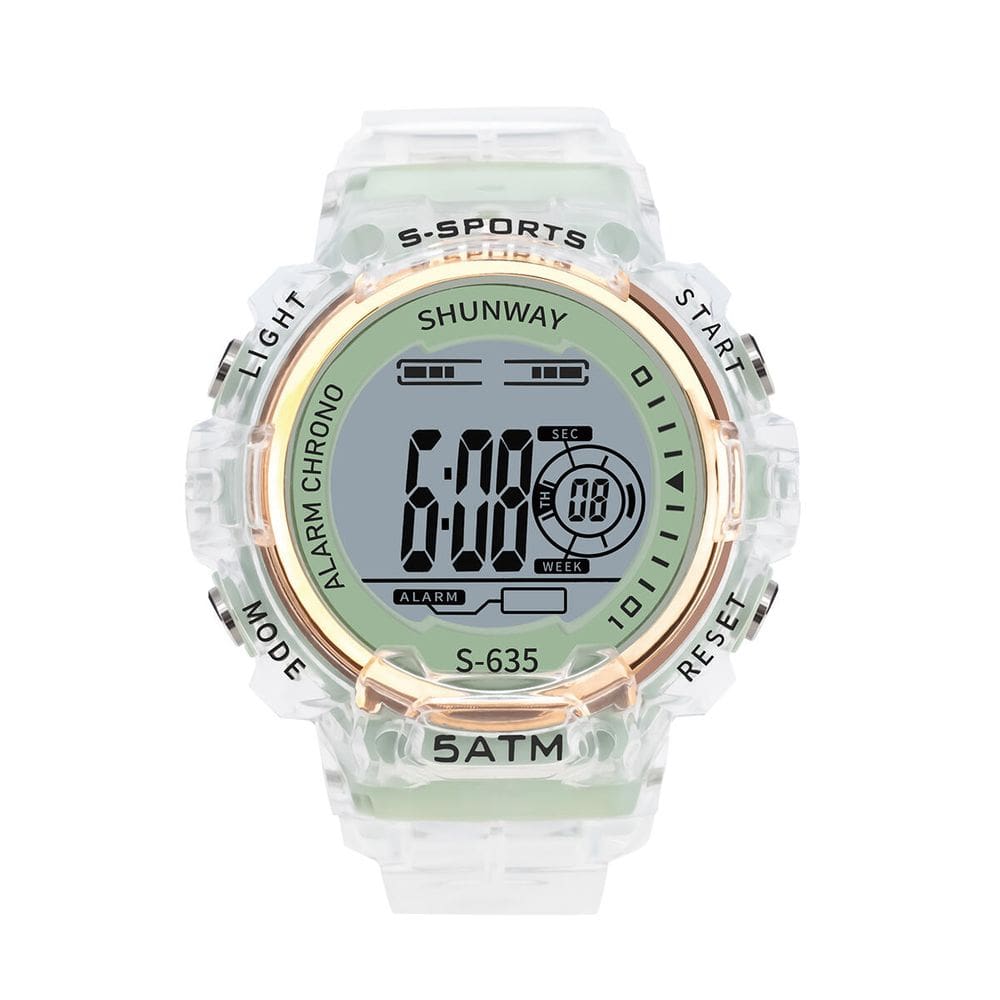 Relógio Digital Esportivo Transparente Verde - Tudo em Caixa