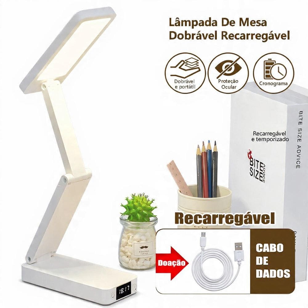 Luminária de Mesa LED Articulada Recarregável com Relógio - Tudo em Caixa
