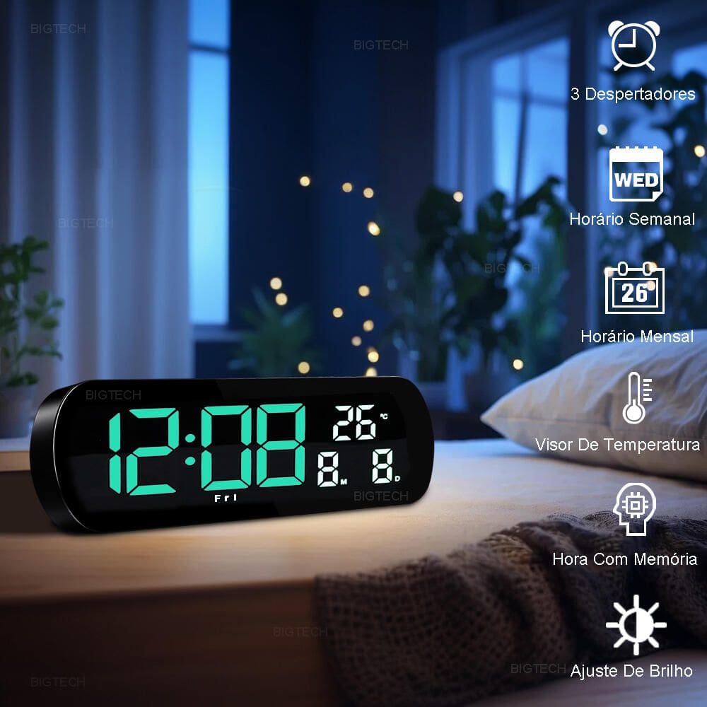Relógio Digital Bigtech LED Verde – Brilho Ajustável - Tudo em Caixa