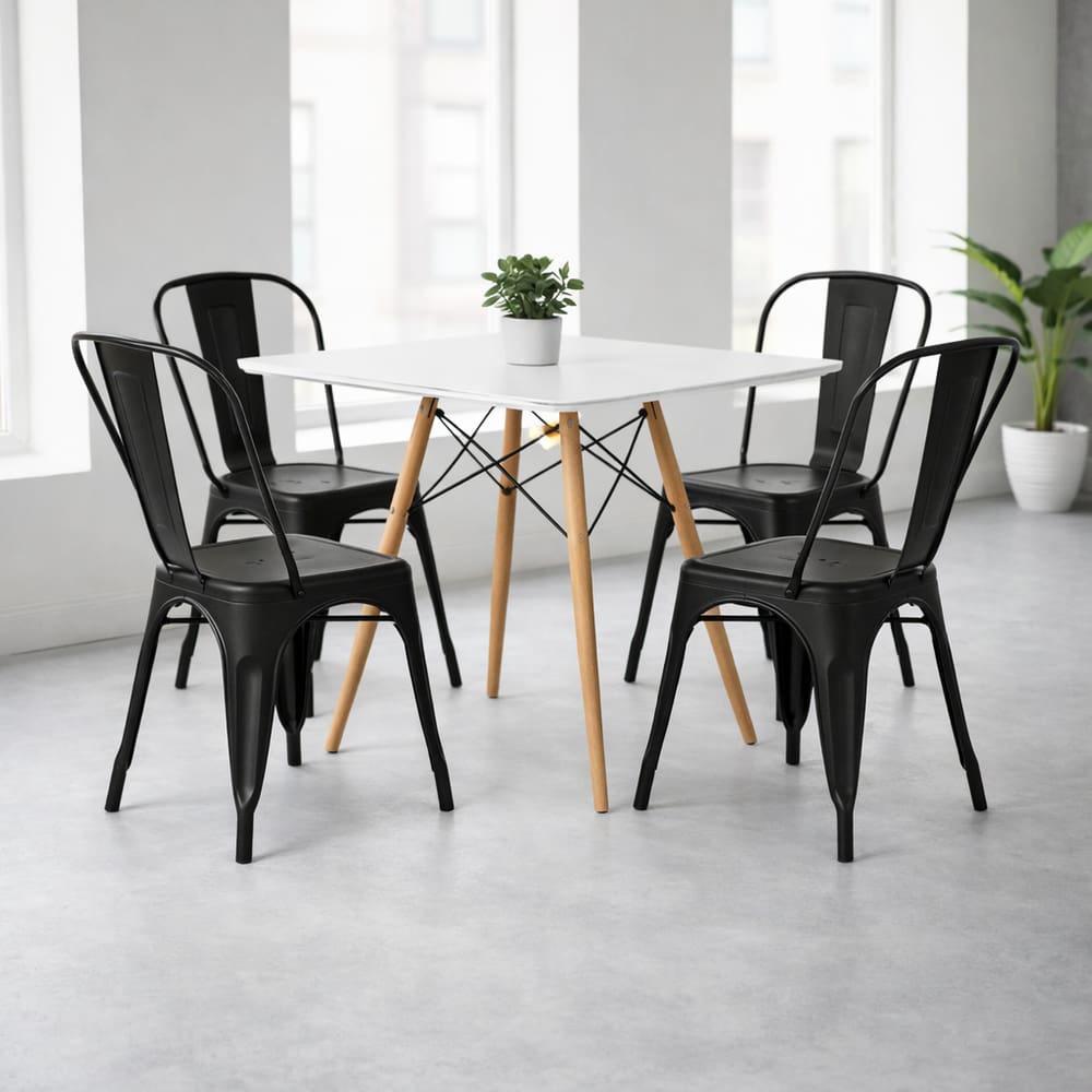 Conjunto de Jantar Mesa Quadrada 90cm Branca com 4 Cadeiras Tolix Iron, Preto