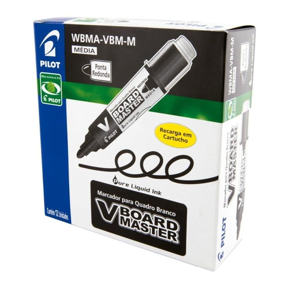 Caixa Marcador Quadro Branco V-board Master Pilot Recarregável 12 Unidades Preto