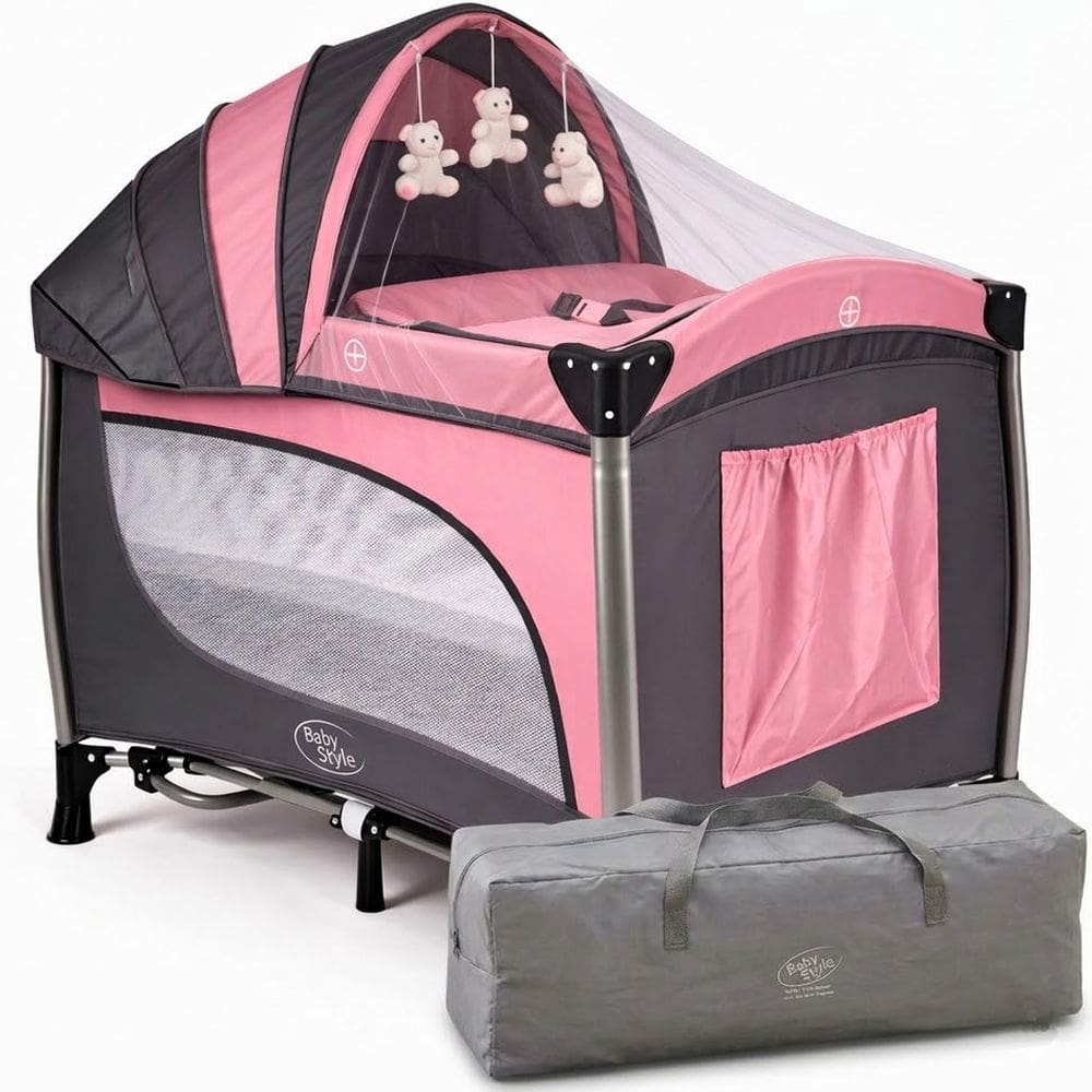 Berço de Bebê Portátil Função Balanço com Capota Mosquiteiro e Caixa Musical Vibratório Dobrável Rosa