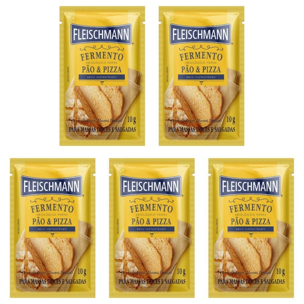 Kit 5 Fermento Biológico Seco 10g Massa Pão e Pizza Instantâneo Fleischmann