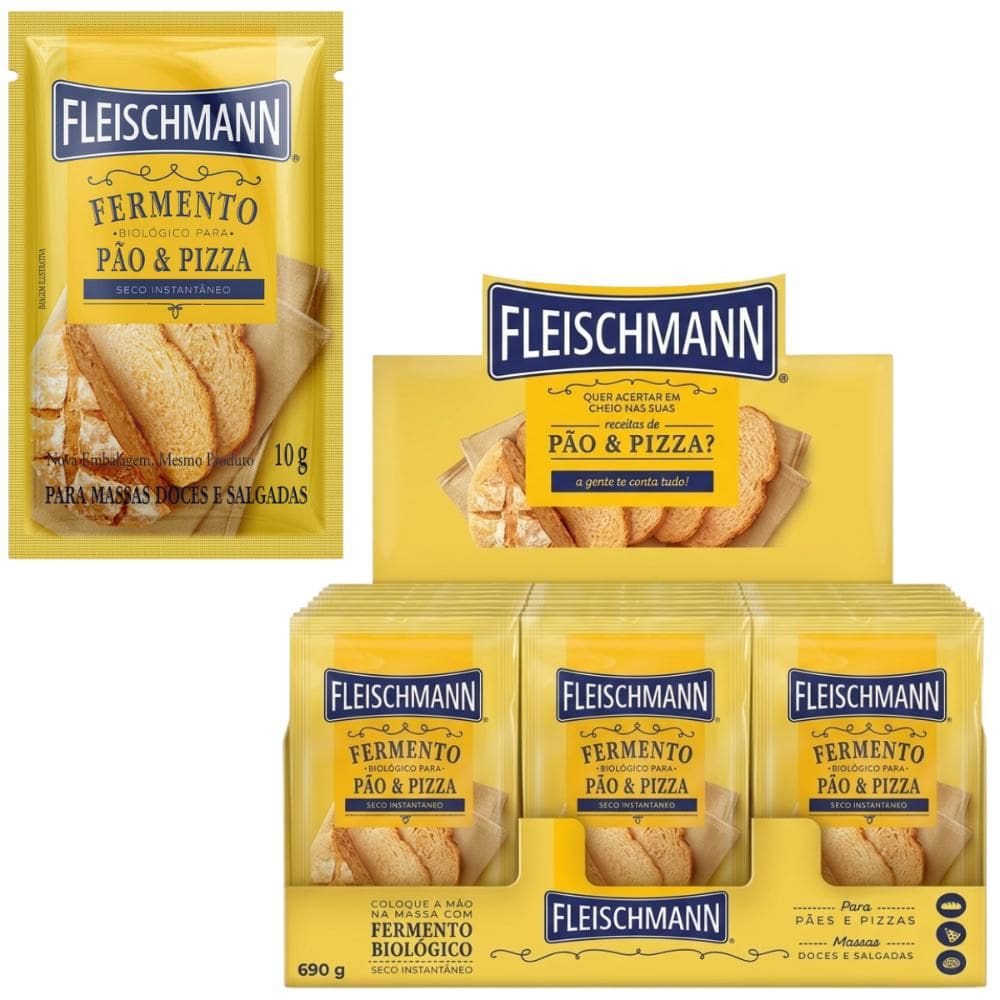 Caixa 69 Fermento Biológico Seco 10g Massa Pão e Pizza Instantâneo Fleischmann