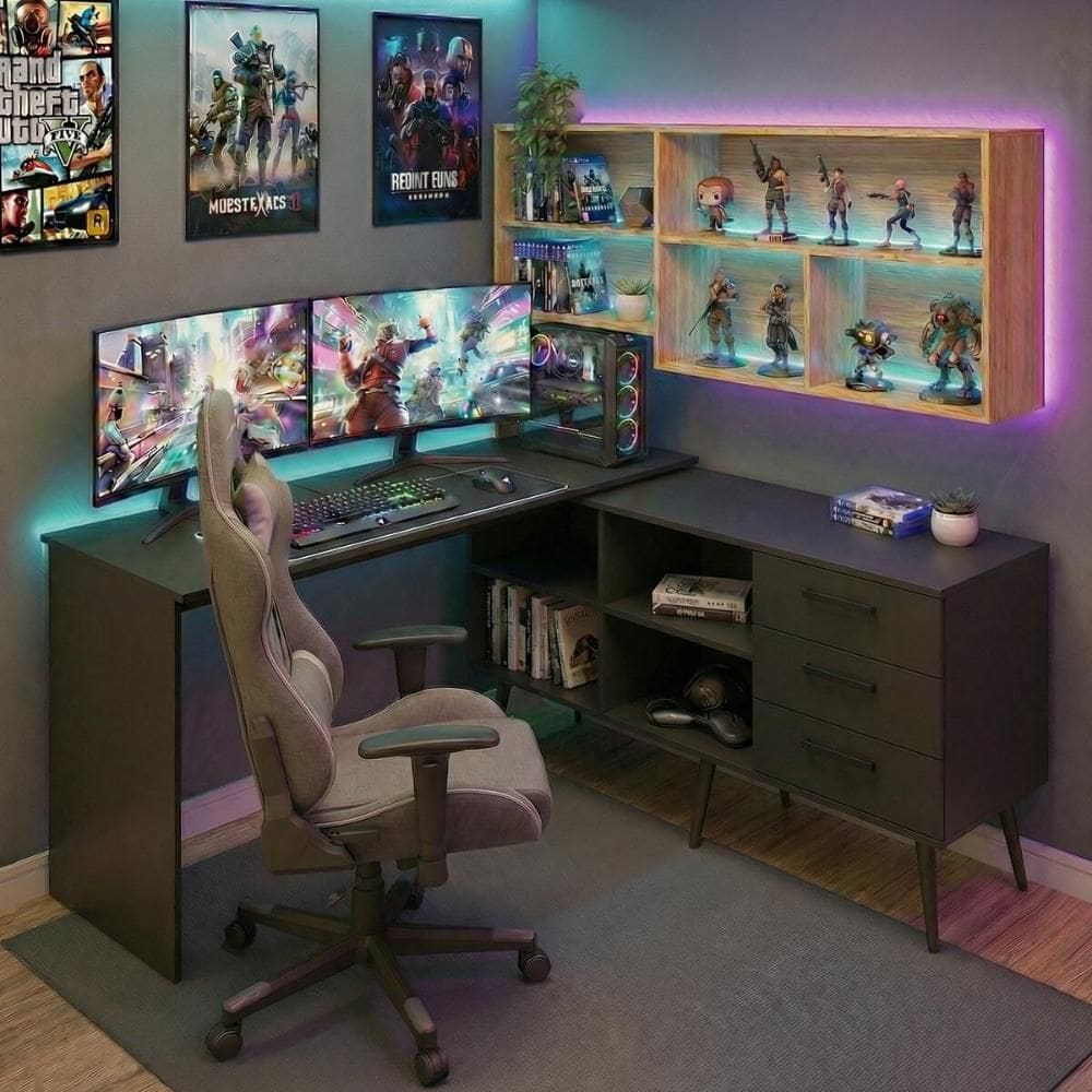 Mesa Gamer em L para Computador com 3 Gavetas Nexus Multimóveis MP6048