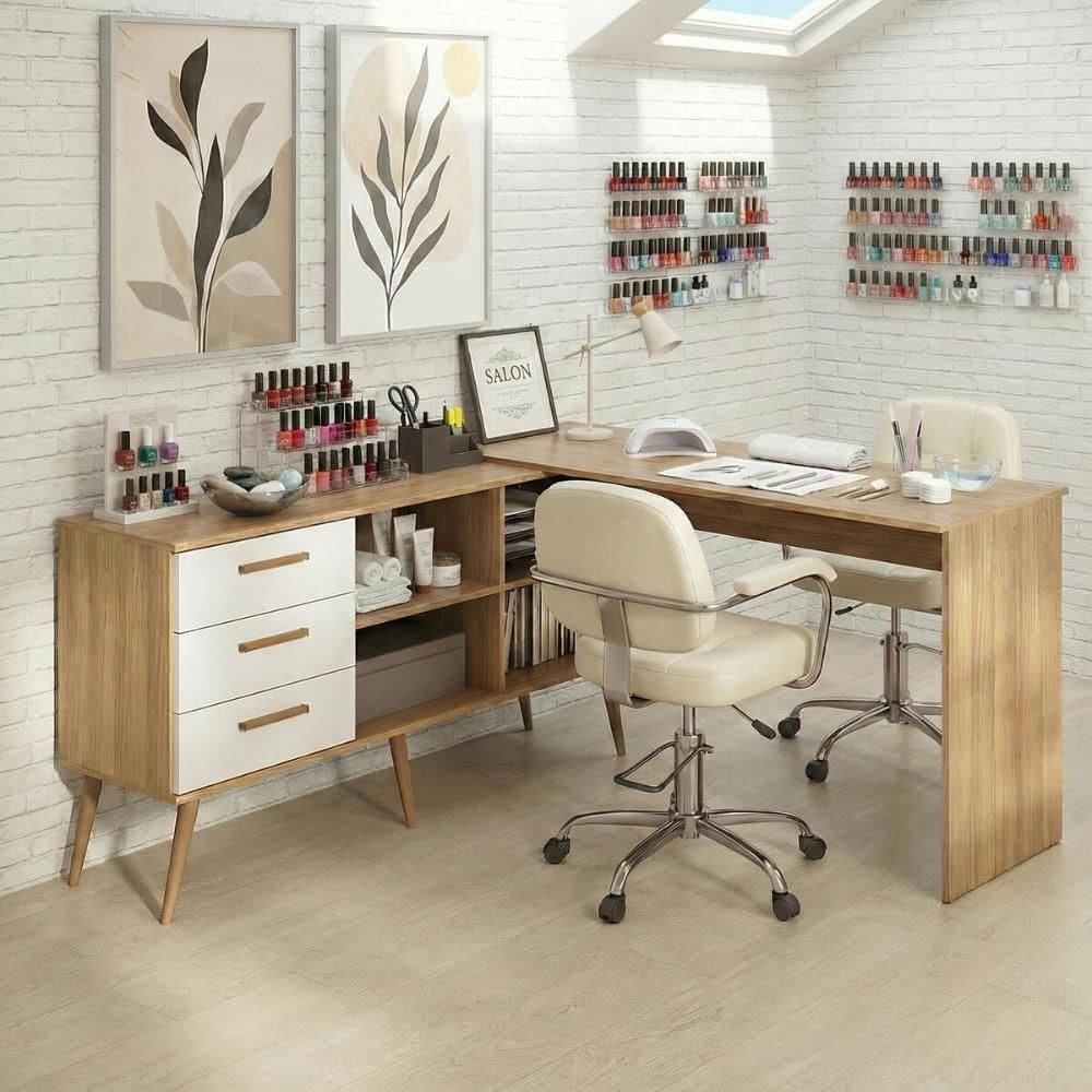 Mesa de Manicure Profissional de Canto em L com 3 Gavetas Jady Multimóveis MP6042