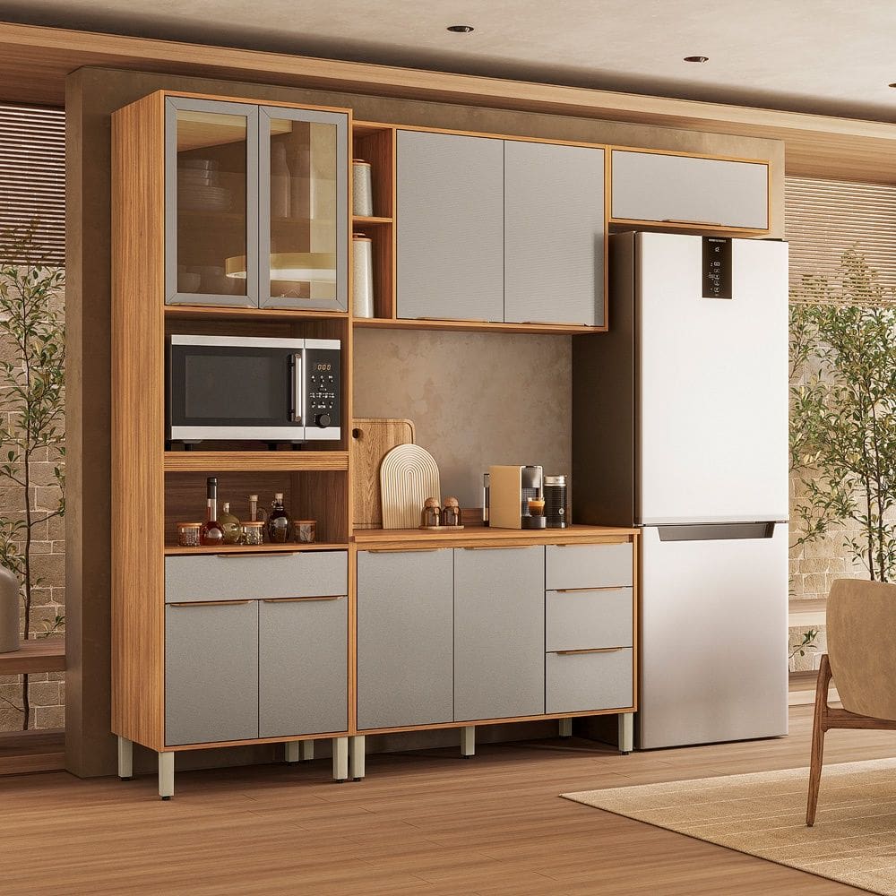 Cozinha Modulada Plena PE0001 com 9 Portas e 4 Gavetas com Tampo Cinamon Touch Nude Prime TX Demóbile